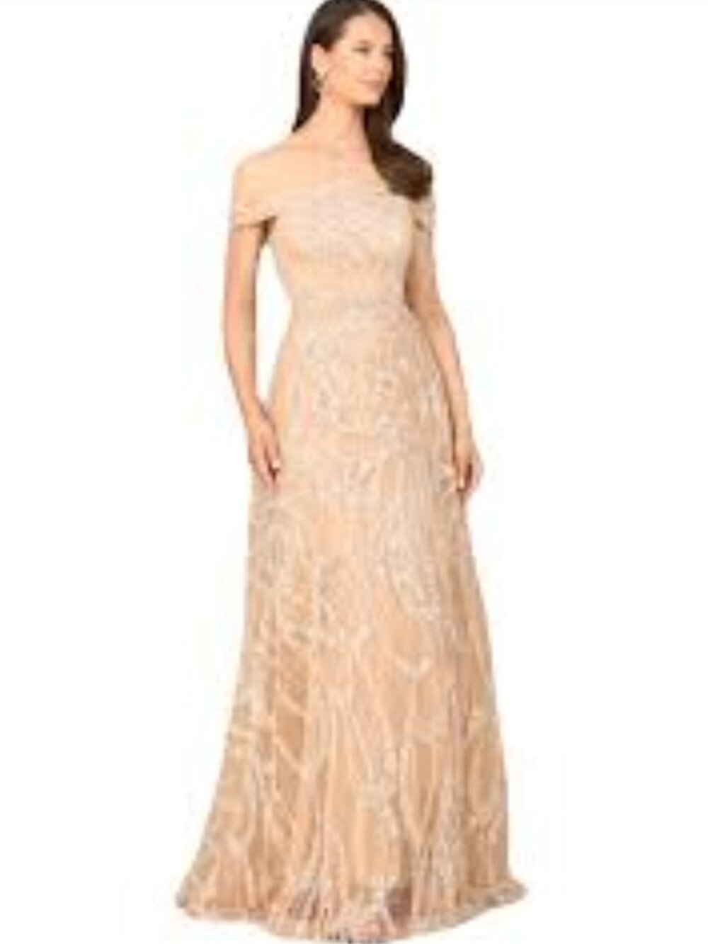 ELEGANT FORMAL LARA NEW YORK  BEADED CHAMPAGE SPARKLY OFF THE SHOULDER GOWN